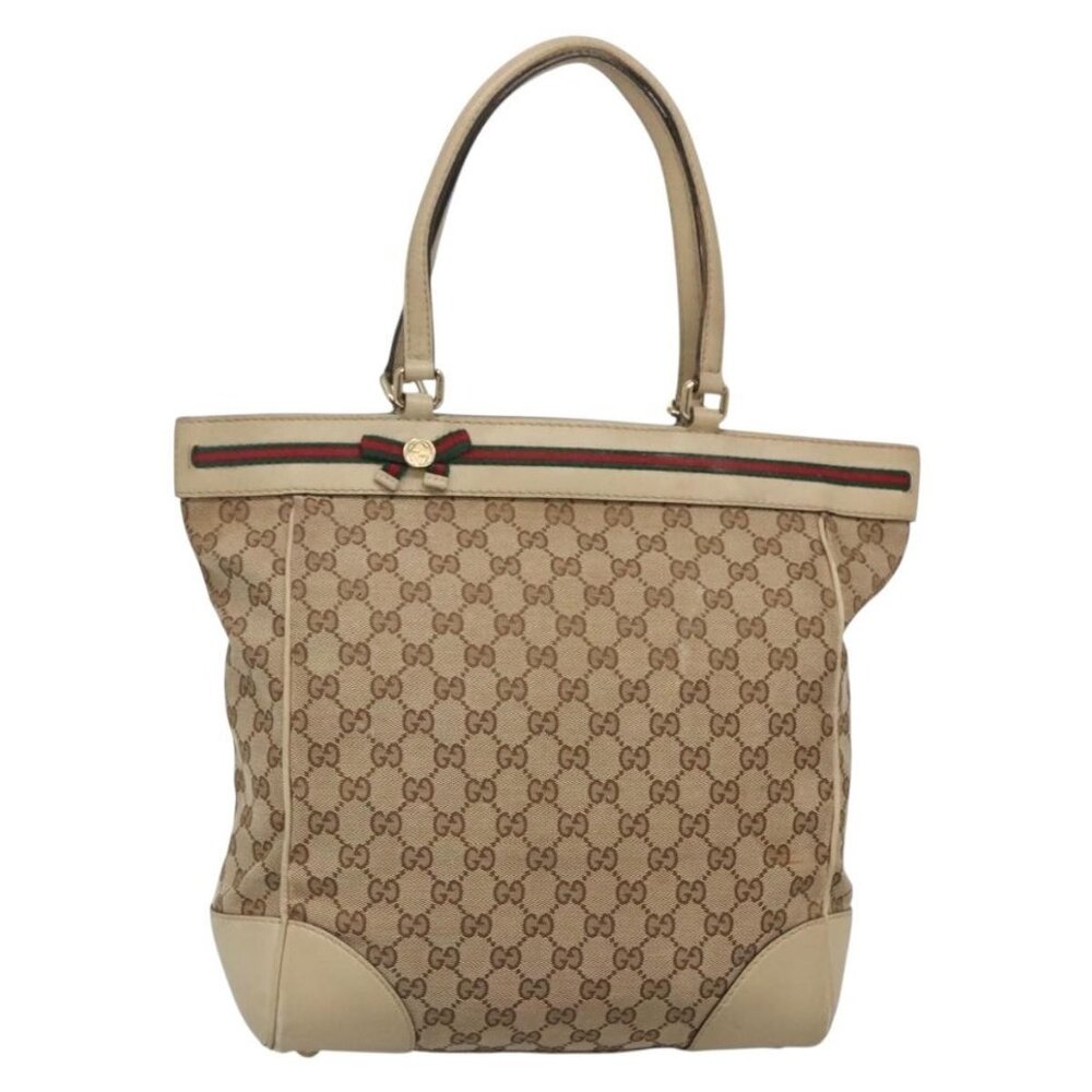 GUCCI GG Canvas Web Sherry Line Tote Bag Beige Gold 257062 Auth 140783 - Picture 1 of 16